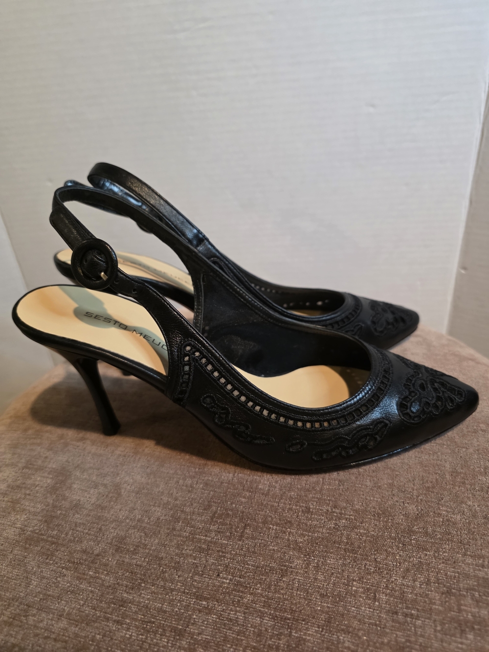 Black leather with embroidered lace-Slingback Pointed-Toe Heels by Sesto Meucci